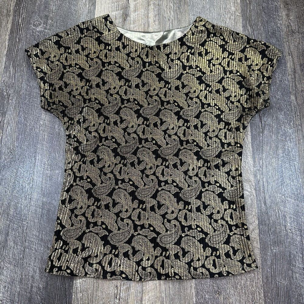 Vintage Trimmings Pleated Brocade‎ Blouse Top Gold Metallic Sheer Womens M USA